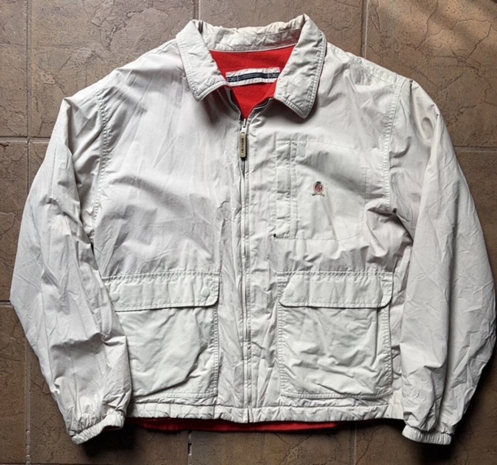 Vintage 90s Tommy Hilfiger Reversible Jacket Red Fleece White Nylon Crest Large